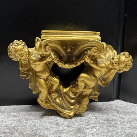 Vintage Cherub Angel Ornate Wall Gold Sconce Shelf Pair (2) - Picture 2 of 7